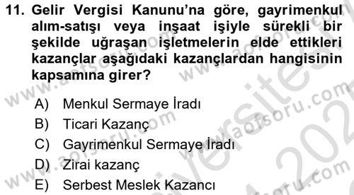 İnşaat ve Gayrimenkul Muhasebesi Dersi 2024 - 2025 Yılı Yaz Okulu Sınav Soruları 11. Soru