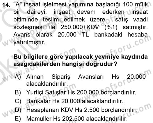 İnşaat ve Gayrimenkul Muhasebesi Dersi 2024 - 2025 Yılı Yaz Okulu Sınav Soruları 14. Soru