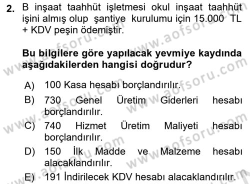 İnşaat ve Gayrimenkul Muhasebesi Dersi 2024 - 2025 Yılı Yaz Okulu Sınav Soruları 2. Soru