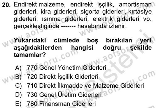 İnşaat ve Gayrimenkul Muhasebesi Dersi 2024 - 2025 Yılı Yaz Okulu Sınav Soruları 20. Soru