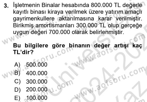 İnşaat ve Gayrimenkul Muhasebesi Dersi 2024 - 2025 Yılı Yaz Okulu Sınav Soruları 3. Soru
