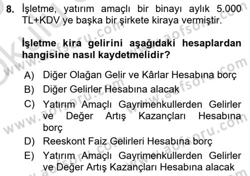 İnşaat ve Gayrimenkul Muhasebesi Dersi 2024 - 2025 Yılı Yaz Okulu Sınav Soruları 8. Soru
