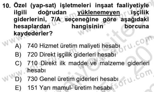 İnşaat ve Gayrimenkul Muhasebesi Dersi 2025 - 2026 Yılı (Final) Dönem Sonu Sınav Soruları 10. Soru