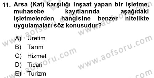 İnşaat ve Gayrimenkul Muhasebesi Dersi 2025 - 2026 Yılı (Final) Dönem Sonu Sınav Soruları 11. Soru