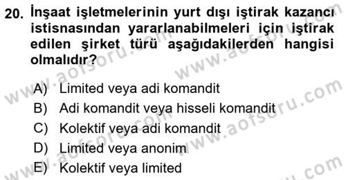 İnşaat ve Gayrimenkul Muhasebesi Dersi 2025 - 2026 Yılı (Final) Dönem Sonu Sınav Soruları 20. Soru
