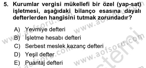 İnşaat ve Gayrimenkul Muhasebesi Dersi 2025 - 2026 Yılı (Final) Dönem Sonu Sınav Soruları 5. Soru