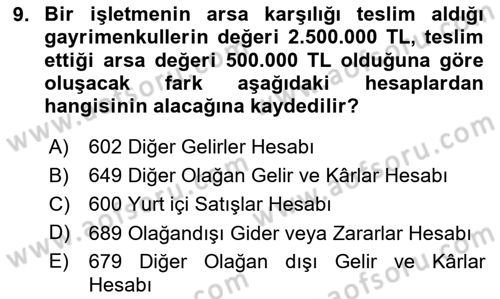 İnşaat ve Gayrimenkul Muhasebesi Dersi 2025 - 2026 Yılı (Final) Dönem Sonu Sınav Soruları 9. Soru