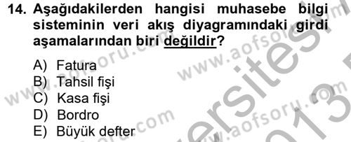 Muhasebede Bilgi Yönetimi Dersi 2012 - 2013 Yılı (Final) Dönem Sonu Sınavı 14. Soru