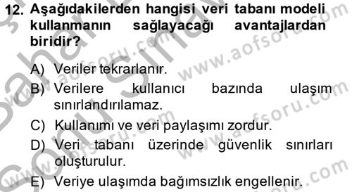 Muhasebede Bilgi Yönetimi Dersi 2014 - 2015 Yılı (Final) Dönem Sonu Sınavı 12. Soru