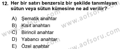 Muhasebede Bilgi Yönetimi Dersi 2016 - 2017 Yılı (Final) Dönem Sonu Sınavı 12. Soru