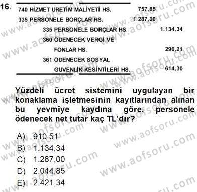 Konaklama İşletmelerinde Muhasebe Uygulamaları Dersi 2015 - 2016 Yılı (Vize) Ara Sınavı 16. Soru