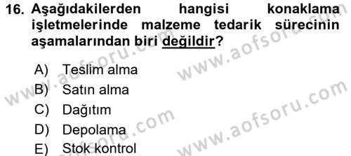 Konaklama İşletmelerinde Muhasebe Uygulamaları Dersi 2016 - 2017 Yılı (Vize) Ara Sınav Soruları 16. Soru