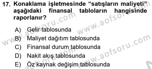 Konaklama İşletmelerinde Muhasebe Uygulamaları Dersi 2016 - 2017 Yılı (Vize) Ara Sınav Soruları 17. Soru