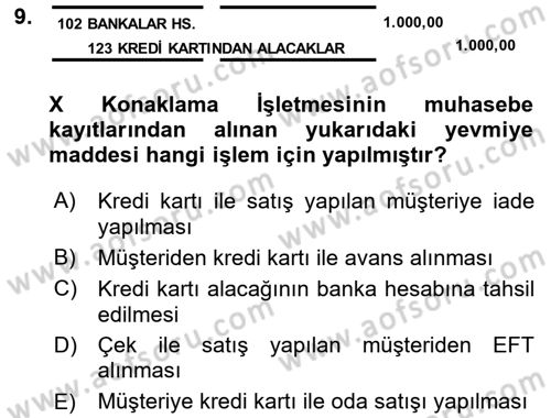 Konaklama İşletmelerinde Muhasebe Uygulamaları Dersi 2016 - 2017 Yılı (Vize) Ara Sınav Soruları 9. Soru