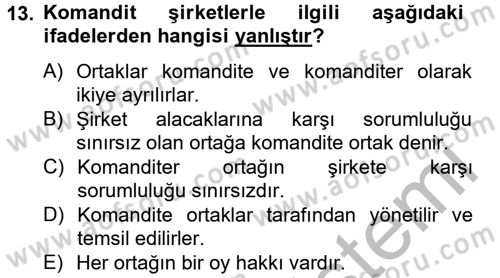 Şirketler Muhasebesi Dersi 2012 - 2013 Yılı (Vize) Ara Sınav Soruları 13. Soru
