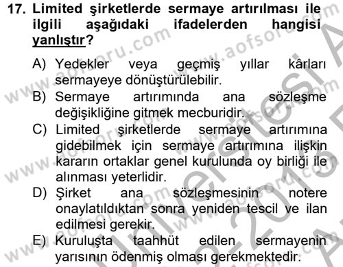 Şirketler Muhasebesi Dersi 2012 - 2013 Yılı (Vize) Ara Sınav Soruları 17. Soru