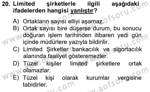 Şirketler Muhasebesi Dersi 2012 - 2013 Yılı (Vize) Ara Sınav Soruları 20. Soru