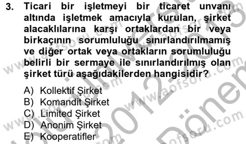 Şirketler Muhasebesi Dersi 2012 - 2013 Yılı (Final) Dönem Sonu Sınav Soruları 3. Soru
