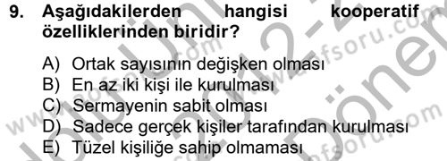 Şirketler Muhasebesi Dersi 2012 - 2013 Yılı (Final) Dönem Sonu Sınav Soruları 9. Soru