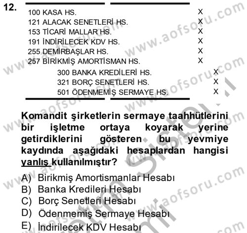 Şirketler Muhasebesi Dersi 2013 - 2014 Yılı (Vize) Ara Sınav Soruları 12. Soru