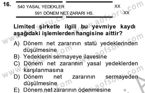 Şirketler Muhasebesi Dersi 2013 - 2014 Yılı (Vize) Ara Sınav Soruları 16. Soru