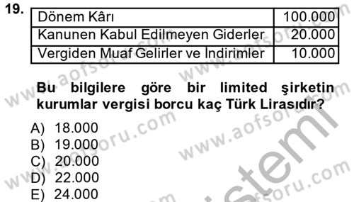 Şirketler Muhasebesi Dersi 2013 - 2014 Yılı (Vize) Ara Sınav Soruları 19. Soru