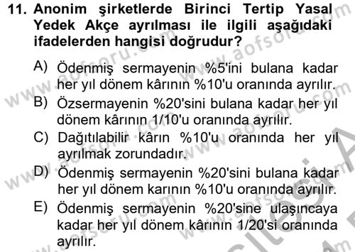 Şirketler Muhasebesi Dersi 2013 - 2014 Yılı (Final) Dönem Sonu Sınav Soruları 10. Soru