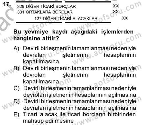 Şirketler Muhasebesi Dersi 2013 - 2014 Yılı (Final) Dönem Sonu Sınav Soruları 17. Soru