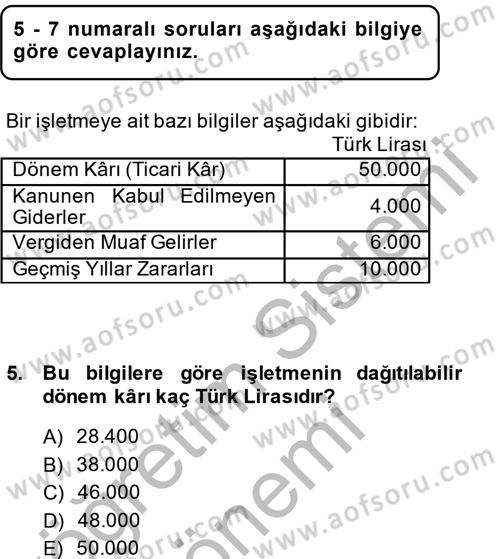 Şirketler Muhasebesi Dersi 2013 - 2014 Yılı (Final) Dönem Sonu Sınav Soruları 5. Soru