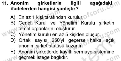 Şirketler Muhasebesi Dersi 2013 - 2014 Yılı Tek Ders Sınav Soruları 11. Soru