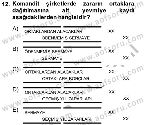 Şirketler Muhasebesi Dersi 2014 - 2015 Yılı (Vize) Ara Sınav Soruları 12. Soru