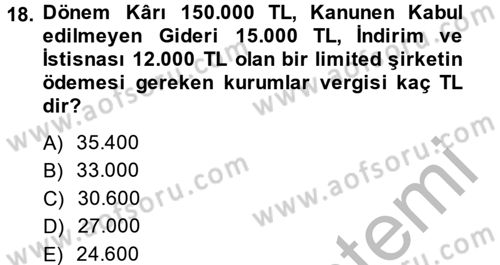 Şirketler Muhasebesi Dersi 2014 - 2015 Yılı (Vize) Ara Sınav Soruları 18. Soru