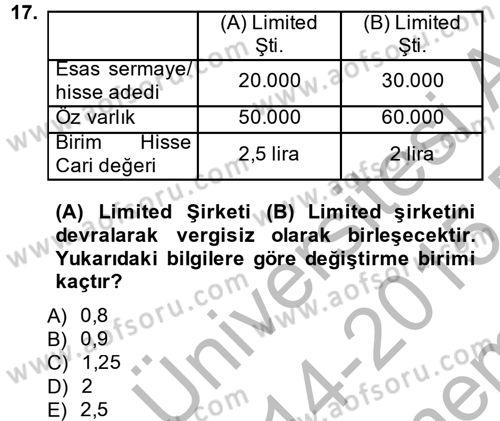 Şirketler Muhasebesi Dersi 2014 - 2015 Yılı (Final) Dönem Sonu Sınav Soruları 17. Soru