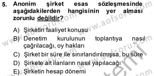 Şirketler Muhasebesi Dersi 2014 - 2015 Yılı (Final) Dönem Sonu Sınav Soruları 5. Soru