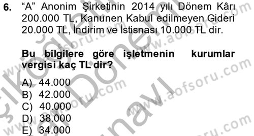 Şirketler Muhasebesi Dersi 2014 - 2015 Yılı (Final) Dönem Sonu Sınav Soruları 6. Soru