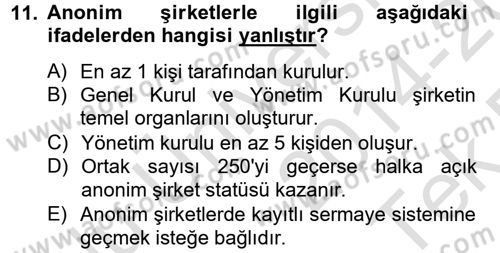 Şirketler Muhasebesi Dersi 2014 - 2015 Yılı Tek Ders Sınav Soruları 11. Soru