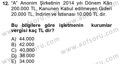 Şirketler Muhasebesi Dersi 2014 - 2015 Yılı Tek Ders Sınav Soruları 12. Soru