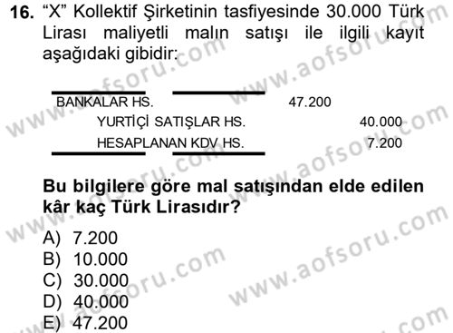 Şirketler Muhasebesi Dersi 2014 - 2015 Yılı Tek Ders Sınav Soruları 16. Soru