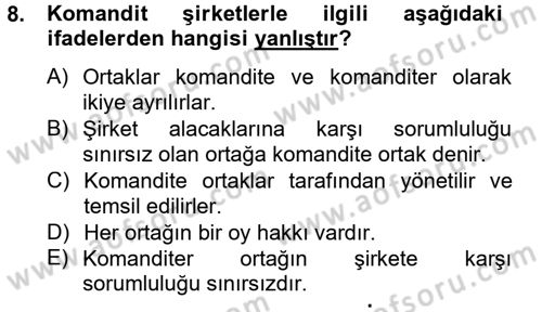 Şirketler Muhasebesi Dersi 2014 - 2015 Yılı Tek Ders Sınav Soruları 8. Soru