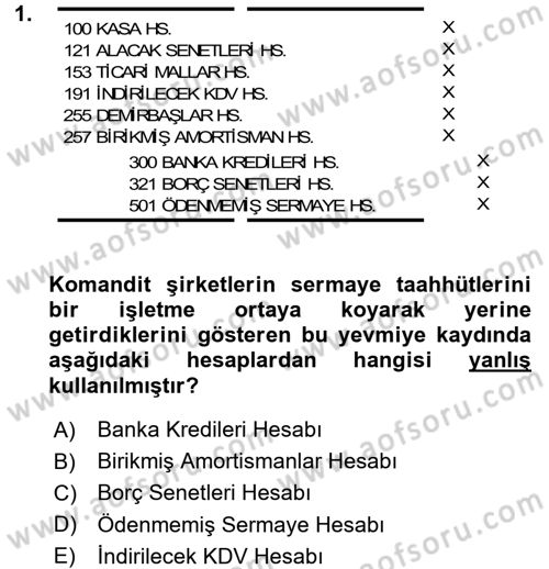 Şirketler Muhasebesi Dersi 2015 - 2016 Yılı (Vize) Ara Sınav Soruları 1. Soru