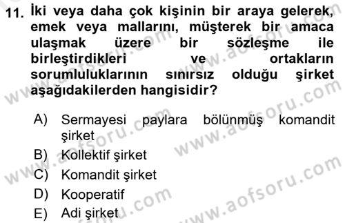 Şirketler Muhasebesi Dersi 2015 - 2016 Yılı (Vize) Ara Sınav Soruları 11. Soru