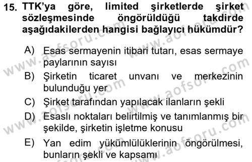 Şirketler Muhasebesi Dersi 2015 - 2016 Yılı (Vize) Ara Sınav Soruları 15. Soru