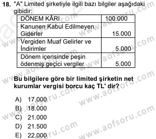 Şirketler Muhasebesi Dersi 2015 - 2016 Yılı (Vize) Ara Sınav Soruları 18. Soru