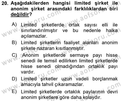 Şirketler Muhasebesi Dersi 2015 - 2016 Yılı (Vize) Ara Sınav Soruları 20. Soru