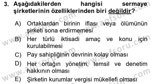Şirketler Muhasebesi Dersi 2015 - 2016 Yılı (Vize) Ara Sınav Soruları 3. Soru