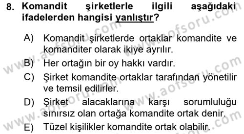 Şirketler Muhasebesi Dersi 2015 - 2016 Yılı (Vize) Ara Sınav Soruları 8. Soru