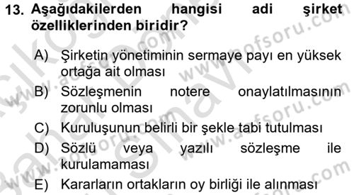 Şirketler Muhasebesi Dersi 2015 - 2016 Yılı (Final) Dönem Sonu Sınav Soruları 13. Soru