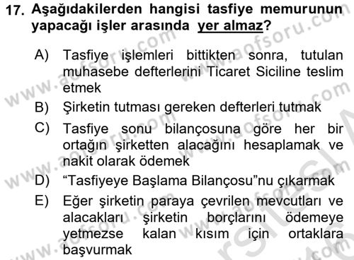 Şirketler Muhasebesi Dersi 2015 - 2016 Yılı (Final) Dönem Sonu Sınav Soruları 17. Soru