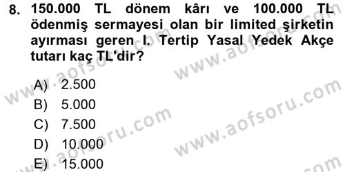 Şirketler Muhasebesi Dersi 2015 - 2016 Yılı (Final) Dönem Sonu Sınav Soruları 8. Soru