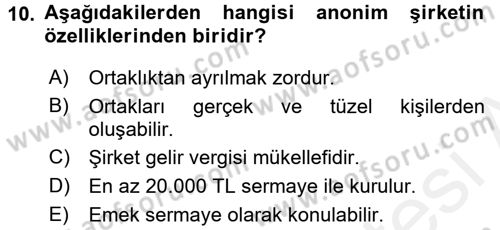 Şirketler Muhasebesi Dersi 2015 - 2016 Yılı Tek Ders Sınav Soruları 10. Soru